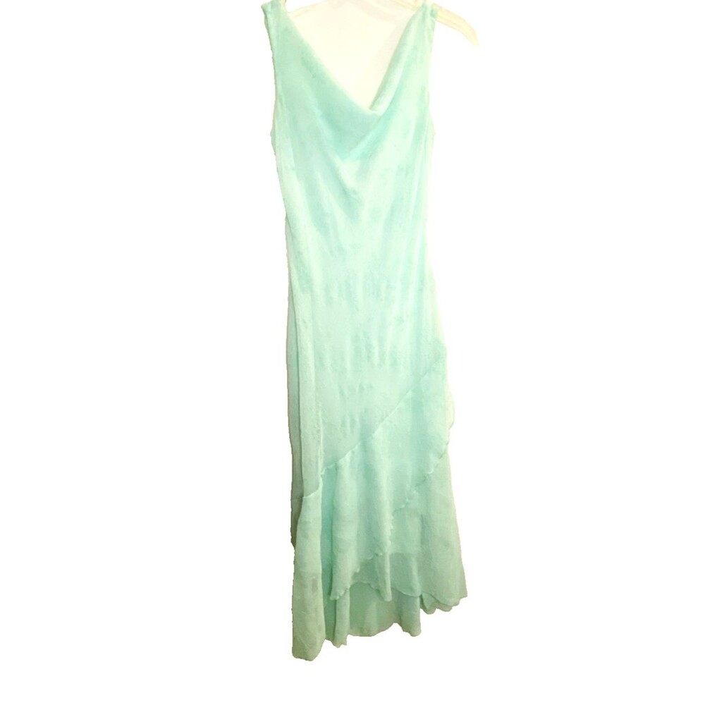 Y2K B Smart Dress Sz 3/4 Green Glimmer Ruffle Hem Asymmetrical Fairy Cowl Neck